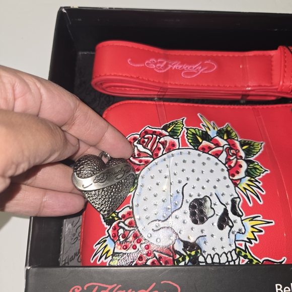 Ed Hardy Beltbag w/Charms Studded Tattoo Skull Hearts Roses NEW GIFT BOX